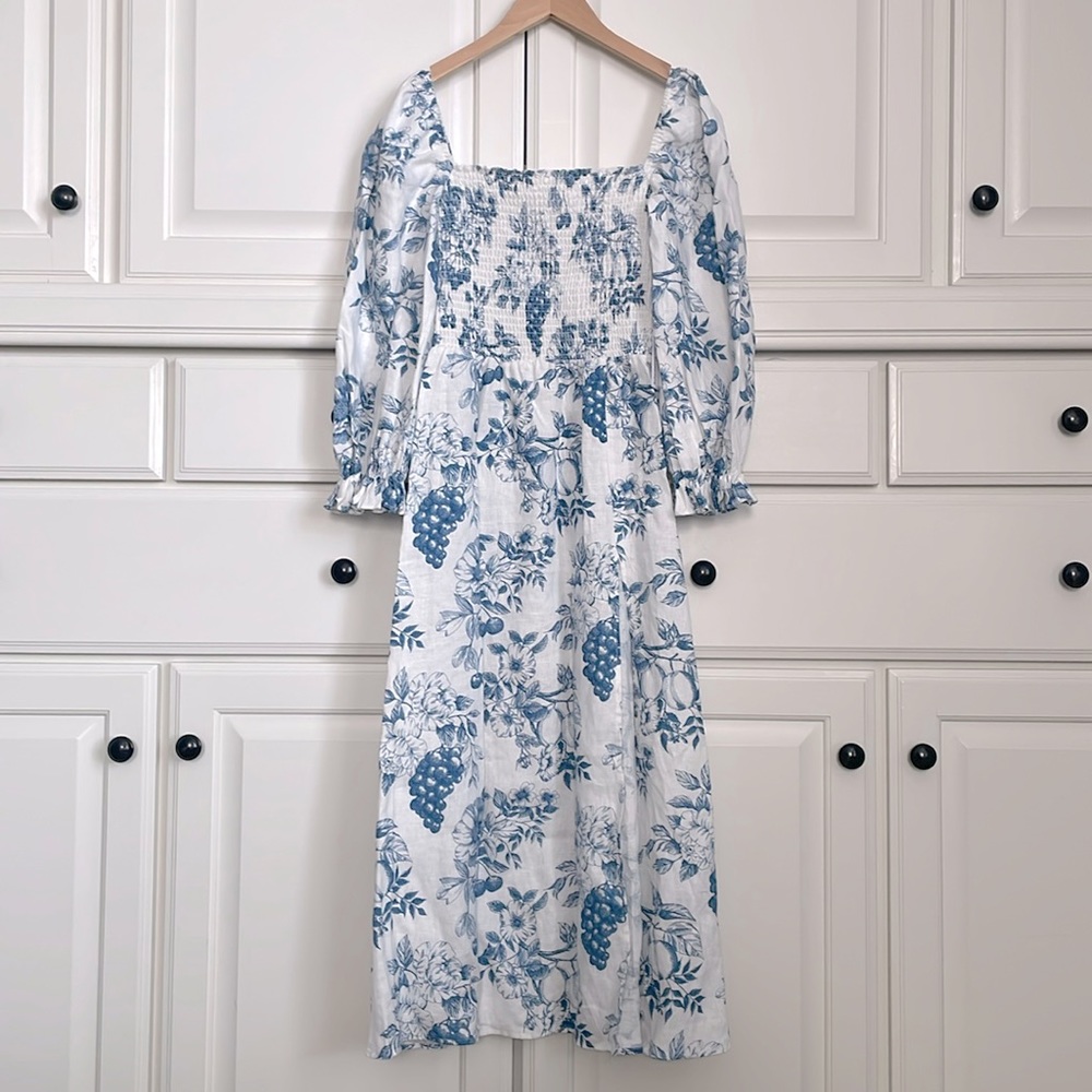 NWT Reformation Gitane Long Sleeve Smocked Linen Midi Dress, Small